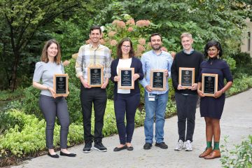 Recipients of 2018 Postdoc Achievement Awards. From left: postdocs David Toews, Ana Maria Porras, Elizabeth Day, Tisha Bohr, Susan Cheng and Oliver Bracko.