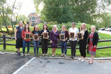 Recipients of the 2022 Postdoc Achievement Awards with Associate Dean for Professional Development Colleen McLinn, Director of Postdoctoral Studies Christine Holmes, and Dean of the Graduate School and Vice Provost for Graduate Education Kathryn J. Boor